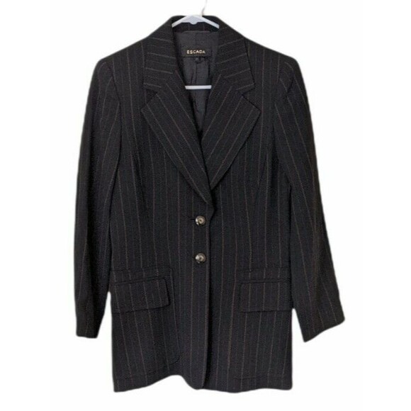 Escada Blazer Black Pinstripe Wool 2 Button Lined Business Office Size 36 - Picture 1 of 9